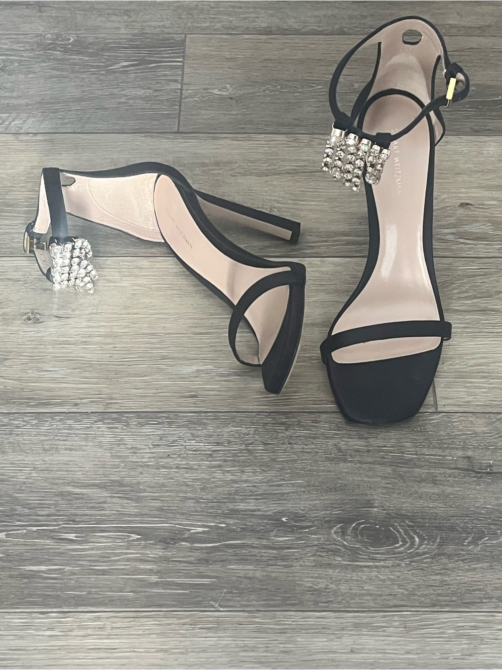 Stuart Weitzman Dark Navy Silk Satin Embellished Ankle-Strap Sandals 9